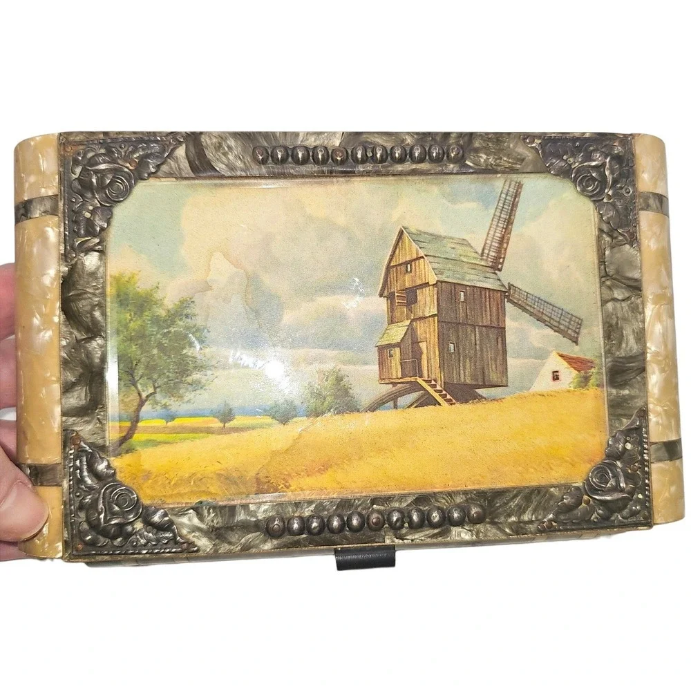 Vintage‎ Musical Jewelry Box Windmill Scene Pearlized Finish - READ DESC